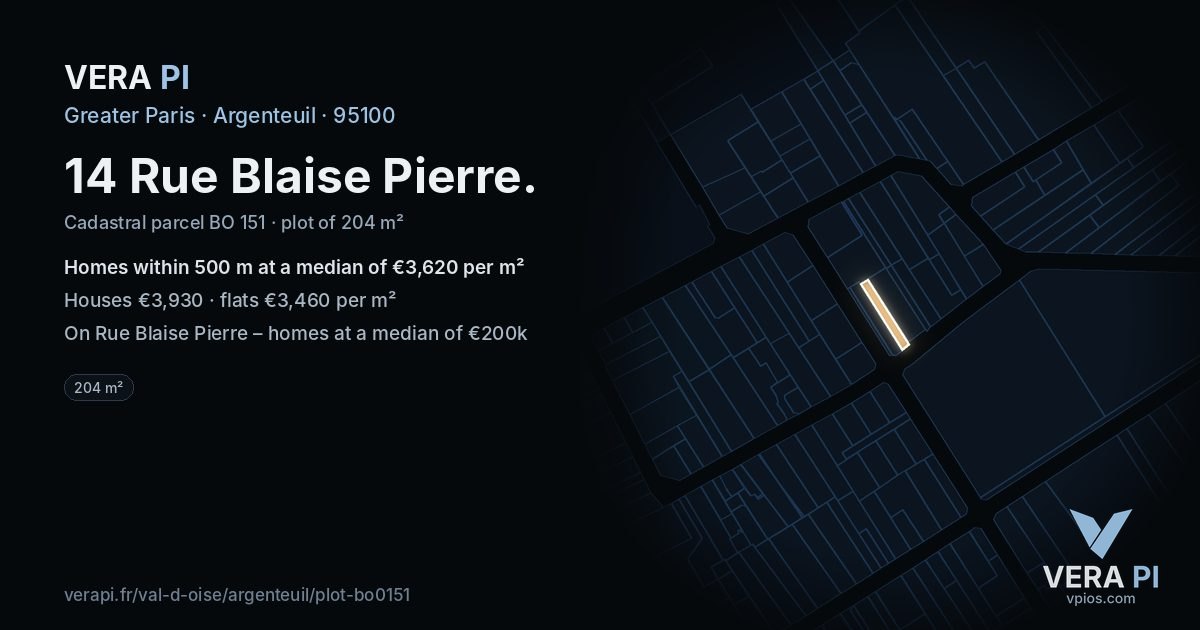 14 Rue Blaise Pierre, Argenteuil at night – the plot lit, the parcels around coloured by the prices near them