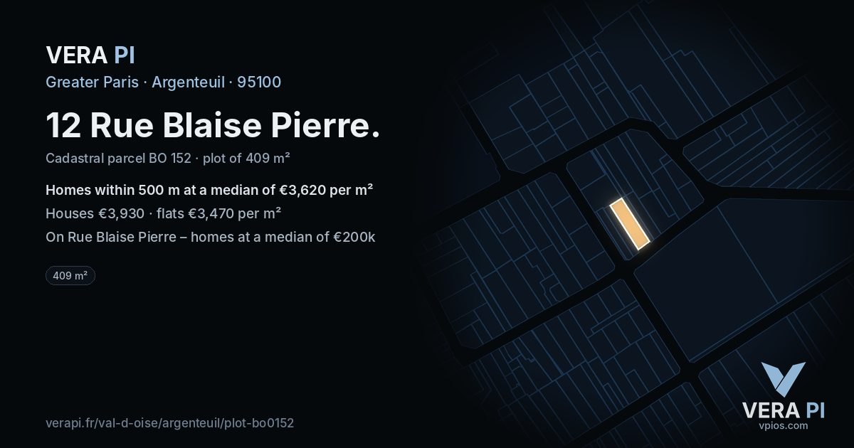 12 Rue Blaise Pierre, Argenteuil at night – the plot lit, the parcels around coloured by the prices near them
