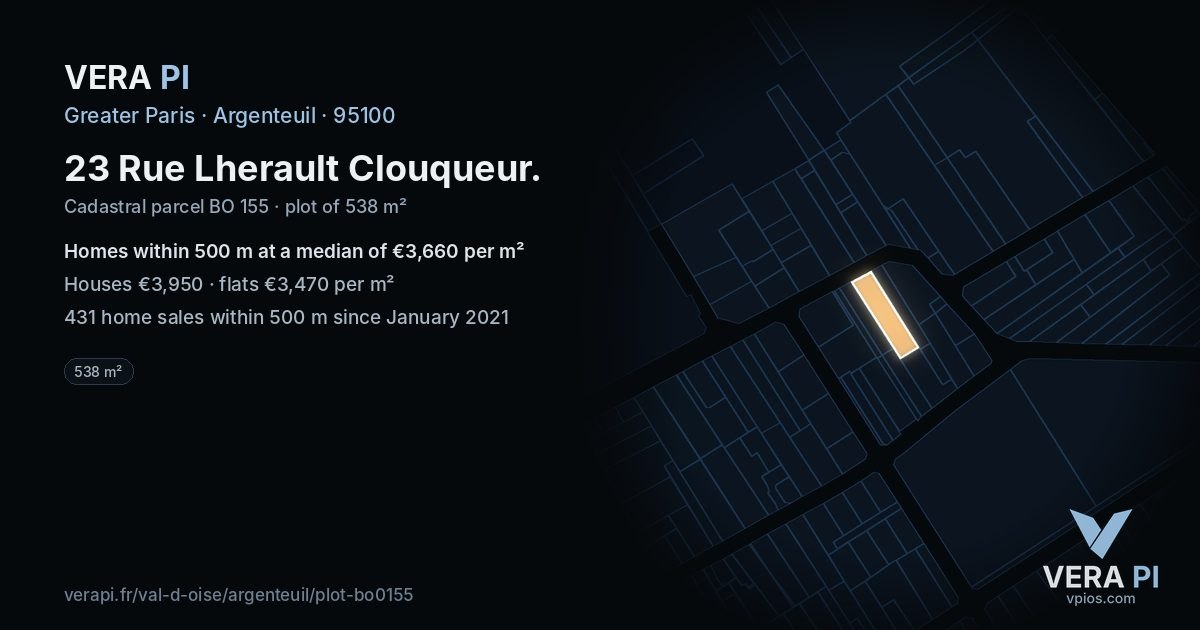 23 Rue Lherault Clouqueur, Argenteuil at night – the plot lit, the parcels around coloured by the prices near them