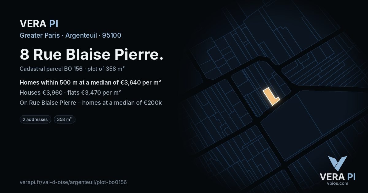 8 Rue Blaise Pierre, Argenteuil at night – the plot lit, the parcels around coloured by the prices near them