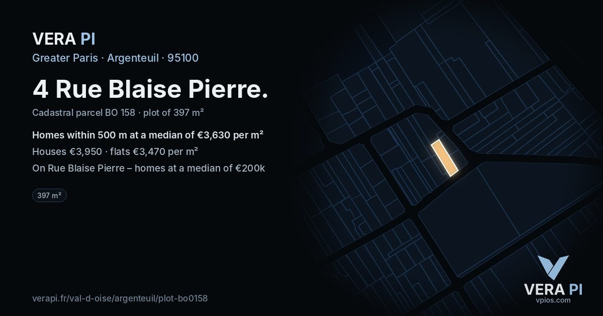 4 Rue Blaise Pierre, Argenteuil at night – the plot lit, the parcels around coloured by the prices near them