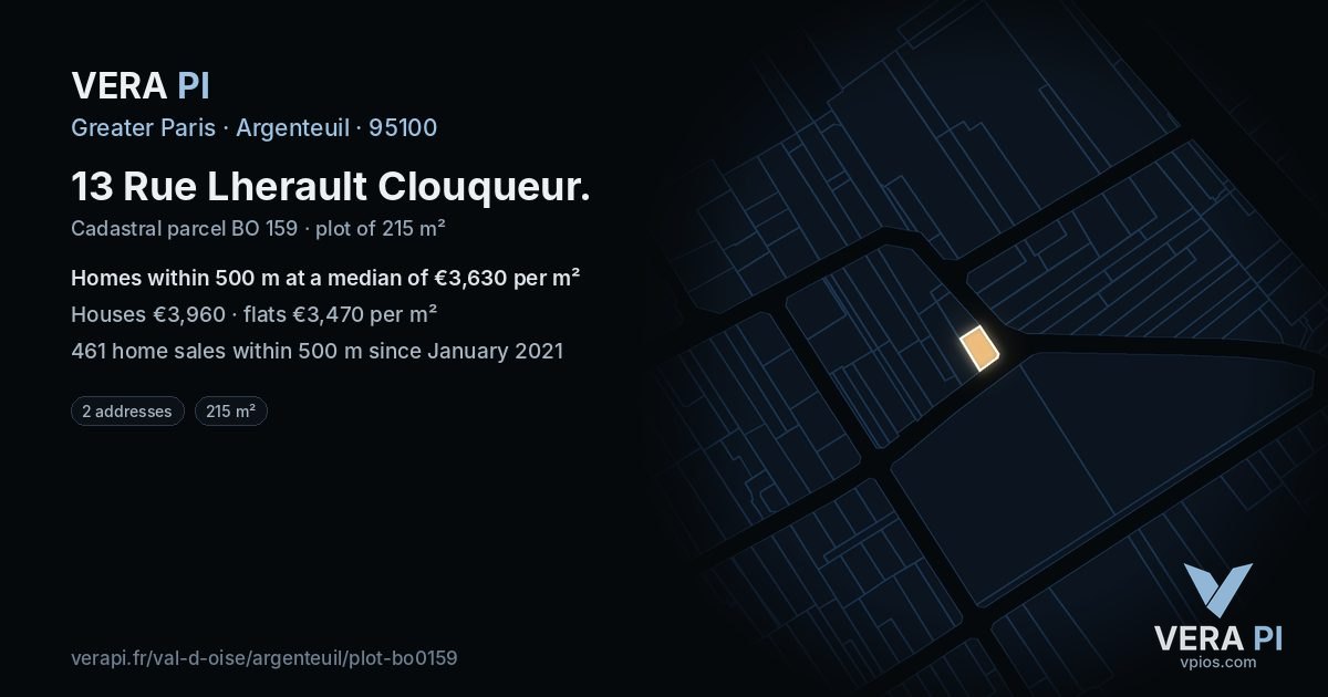 13 Rue Lherault Clouqueur, Argenteuil at night – the plot lit, the parcels around coloured by the prices near them