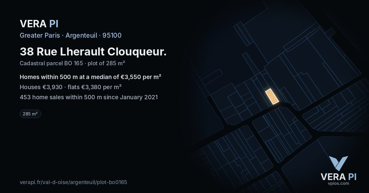 38 Rue Lherault Clouqueur, Argenteuil at night – the plot lit, the parcels around coloured by the prices near them