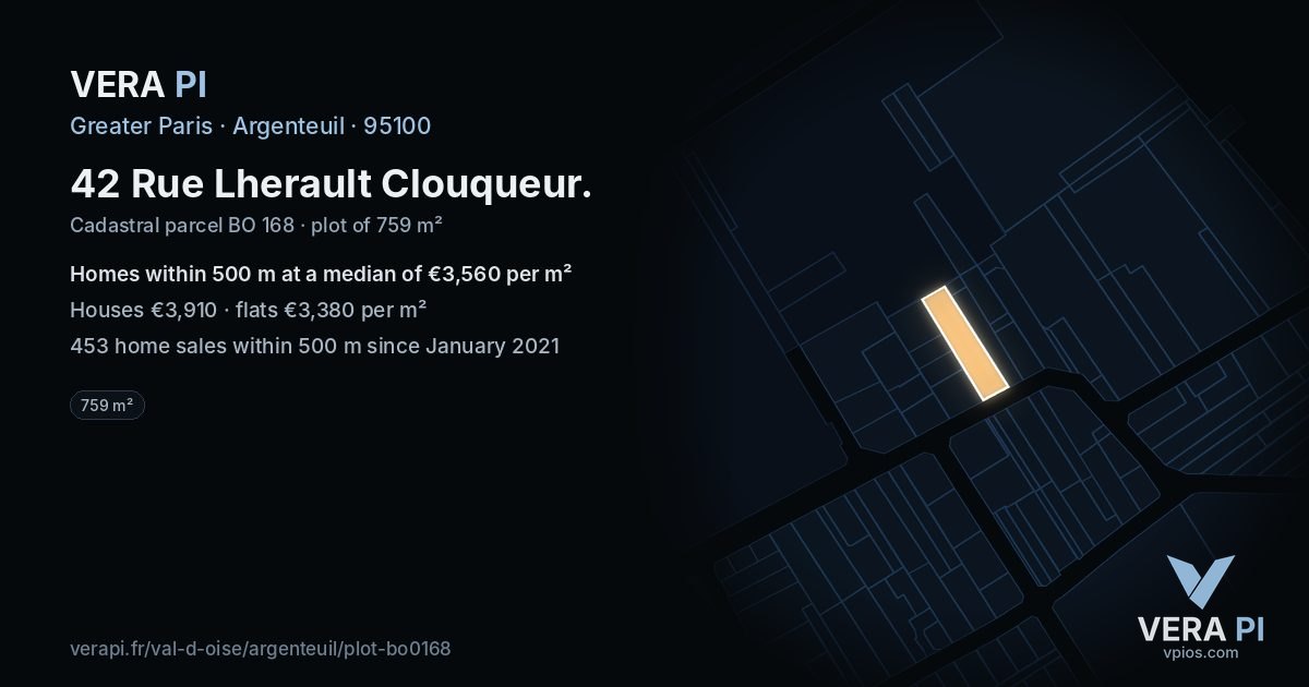 42 Rue Lherault Clouqueur, Argenteuil at night – the plot lit, the parcels around coloured by the prices near them