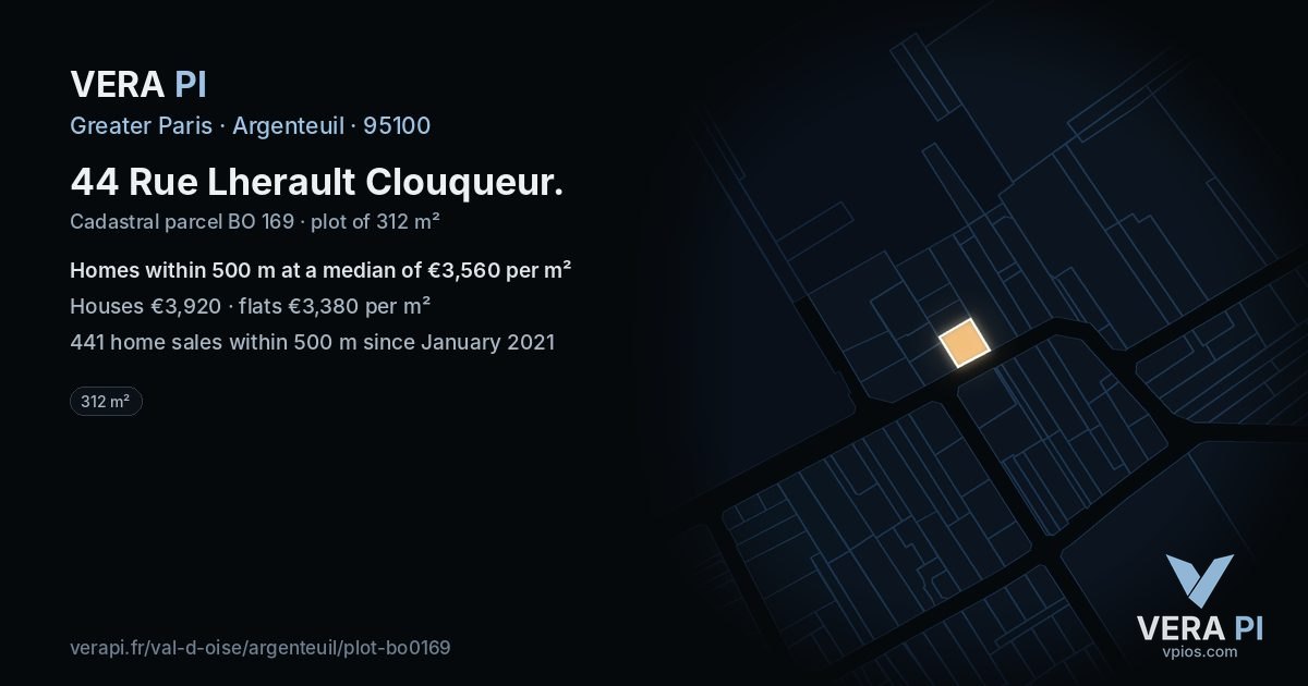 44 Rue Lherault Clouqueur, Argenteuil at night – the plot lit, the parcels around coloured by the prices near them