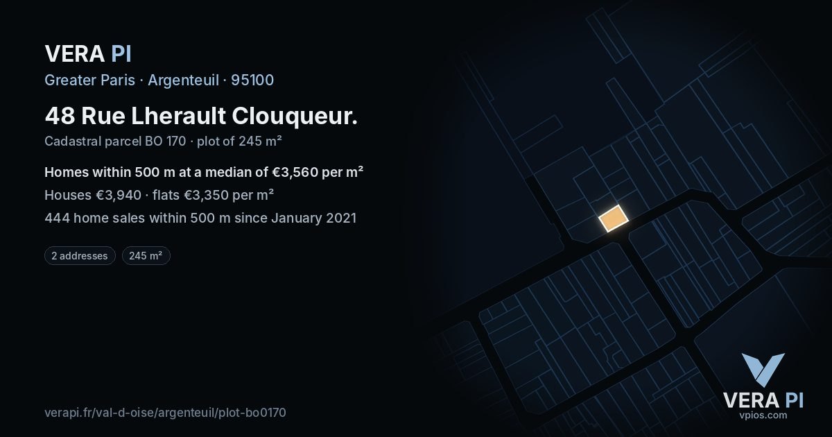 48 Rue Lherault Clouqueur, Argenteuil at night – the plot lit, the parcels around coloured by the prices near them