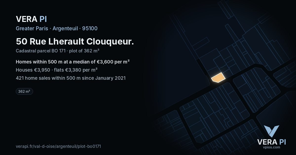 50 Rue Lherault Clouqueur, Argenteuil at night – the plot lit, the parcels around coloured by the prices near them