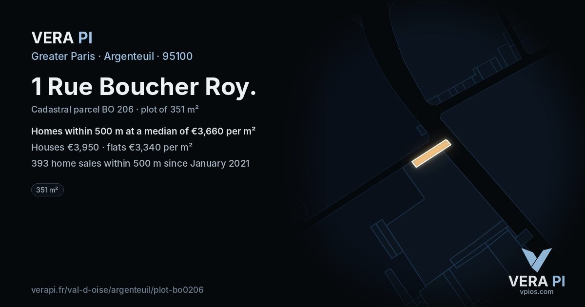 1 Rue Boucher Roy, Argenteuil at night – the plot lit, the parcels around coloured by the prices near them