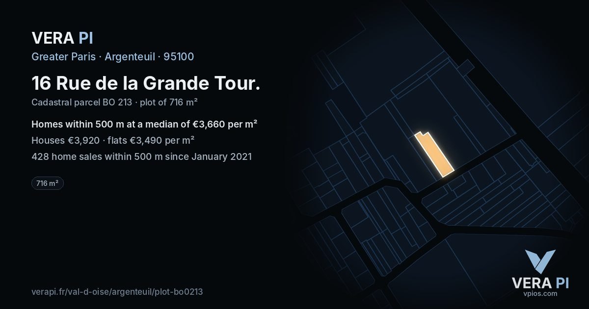 16 Rue de la Grande Tour, Argenteuil at night – the plot lit, the parcels around coloured by the prices near them