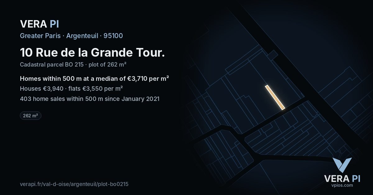 10 Rue de la Grande Tour, Argenteuil at night – the plot lit, the parcels around coloured by the prices near them
