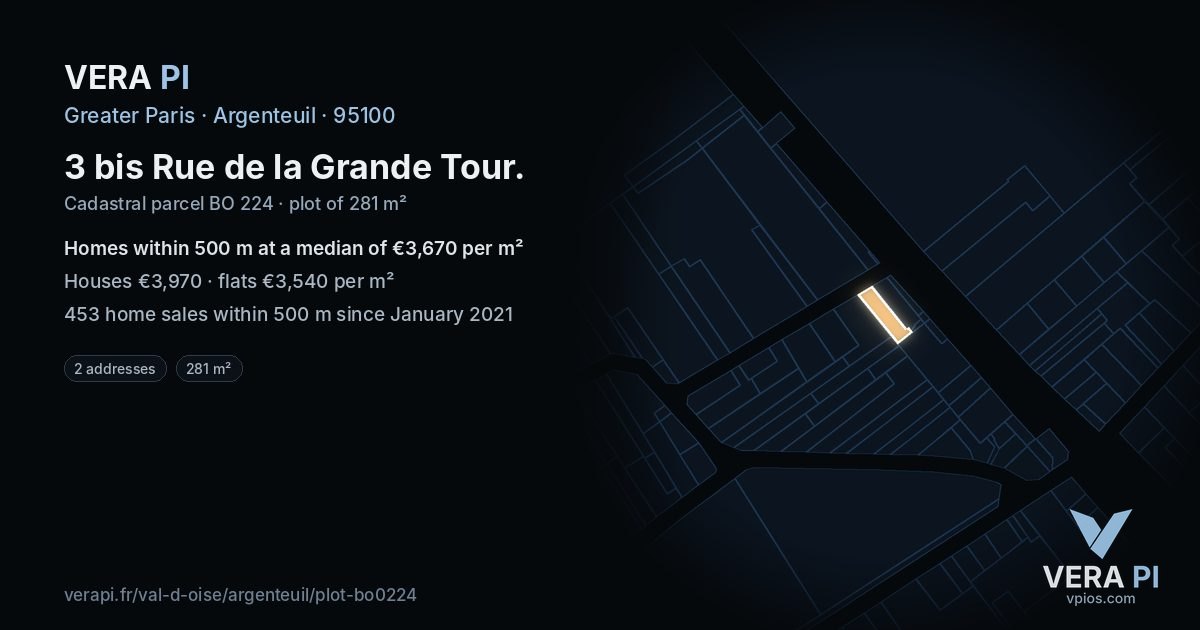 3 bis Rue de la Grande Tour, Argenteuil at night – the plot lit, the parcels around coloured by the prices near them