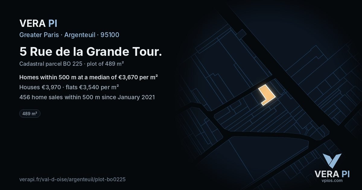 5 Rue de la Grande Tour, Argenteuil at night – the plot lit, the parcels around coloured by the prices near them