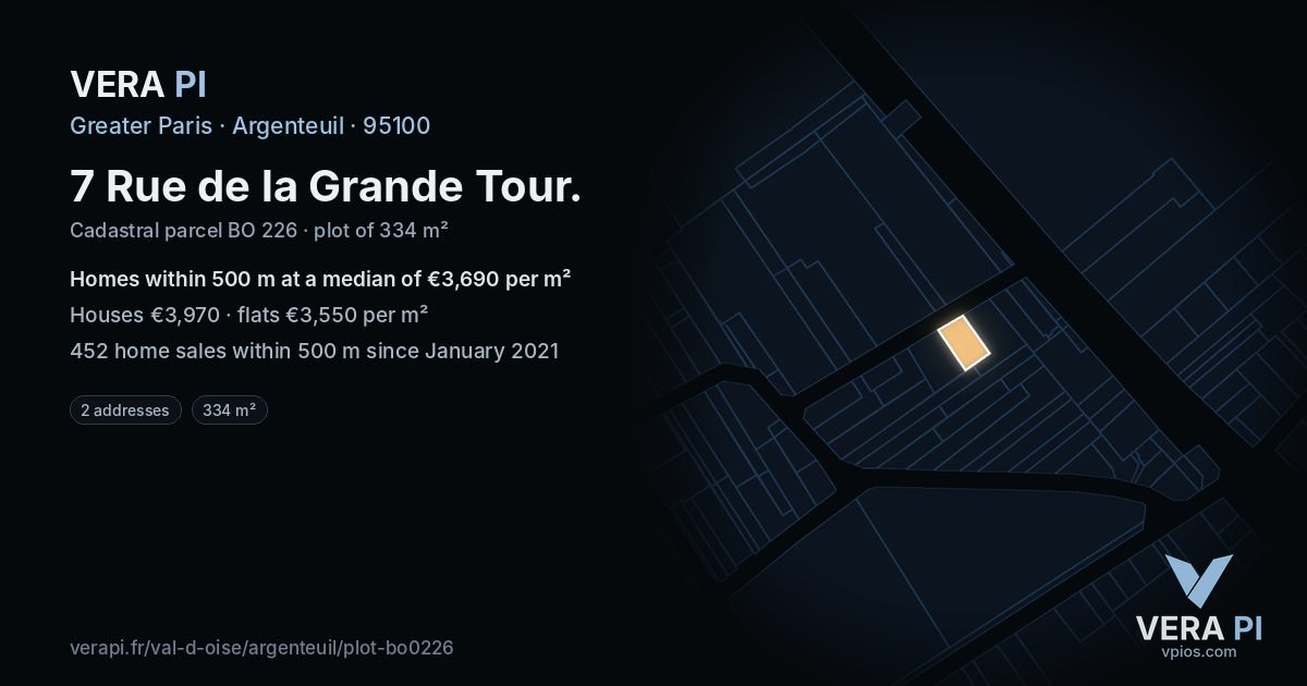 7 Rue de la Grande Tour, Argenteuil at night – the plot lit, the parcels around coloured by the prices near them