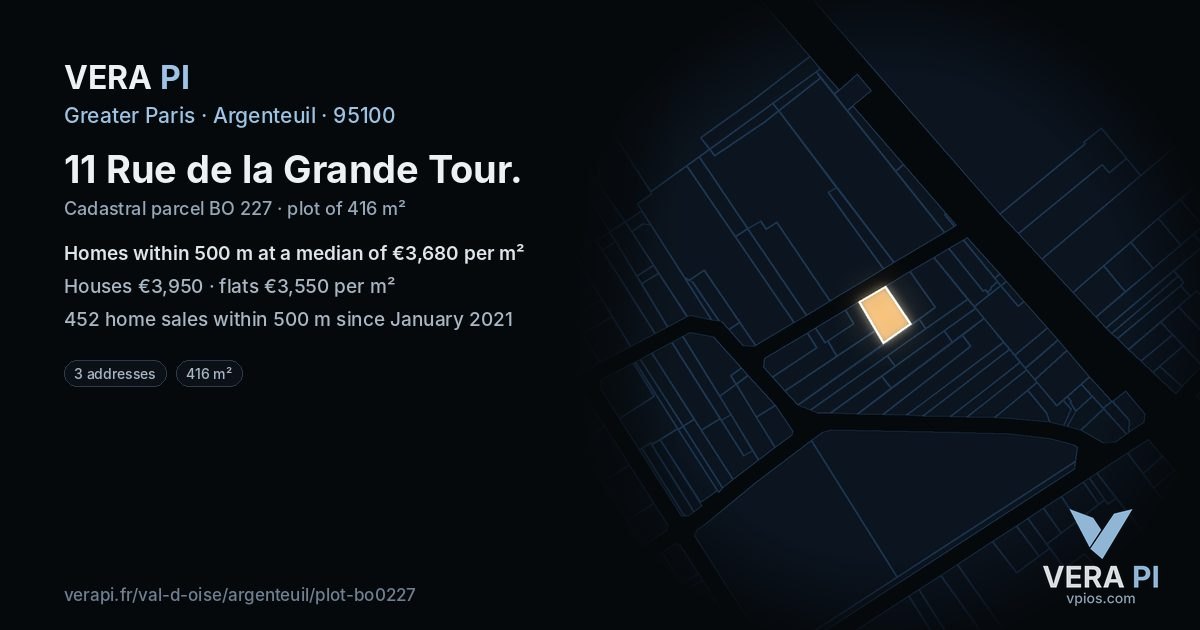 11 Rue de la Grande Tour, Argenteuil at night – the plot lit, the parcels around coloured by the prices near them