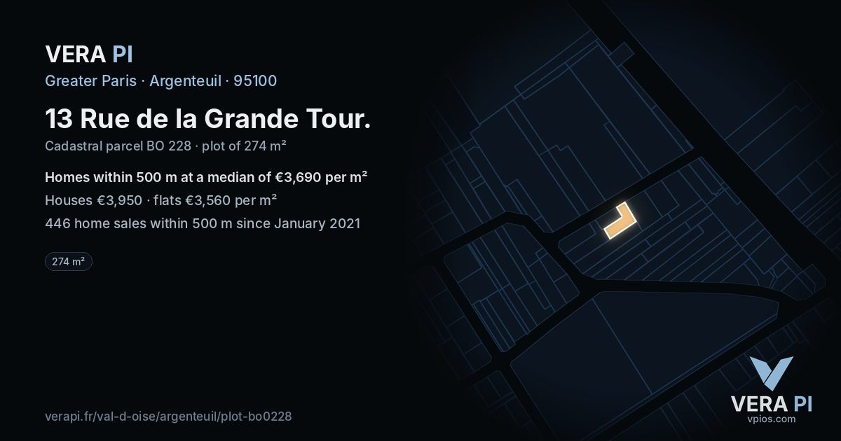 13 Rue de la Grande Tour, Argenteuil at night – the plot lit, the parcels around coloured by the prices near them