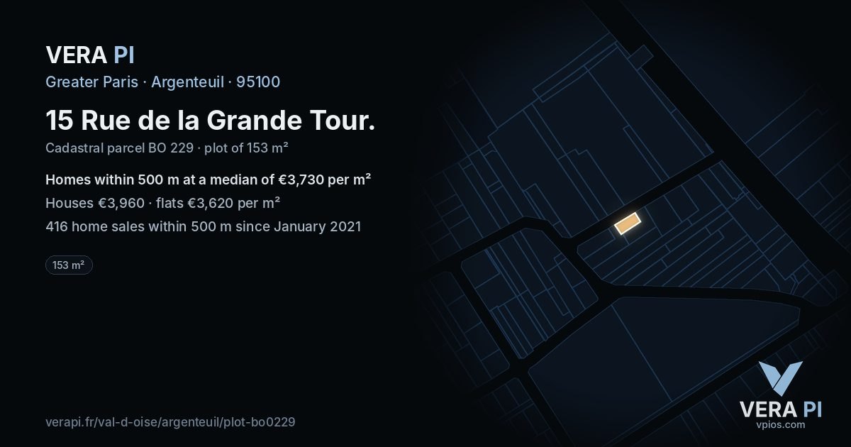 15 Rue de la Grande Tour, Argenteuil at night – the plot lit, the parcels around coloured by the prices near them
