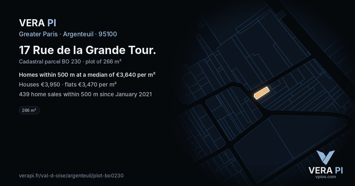 17 Rue de la Grande Tour, Argenteuil at night – the plot lit, the parcels around coloured by the prices near them