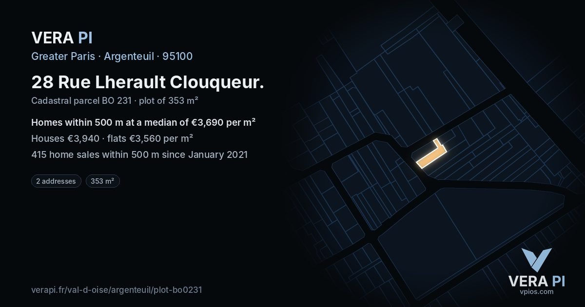 28 Rue Lherault Clouqueur, Argenteuil at night – the plot lit, the parcels around coloured by the prices near them