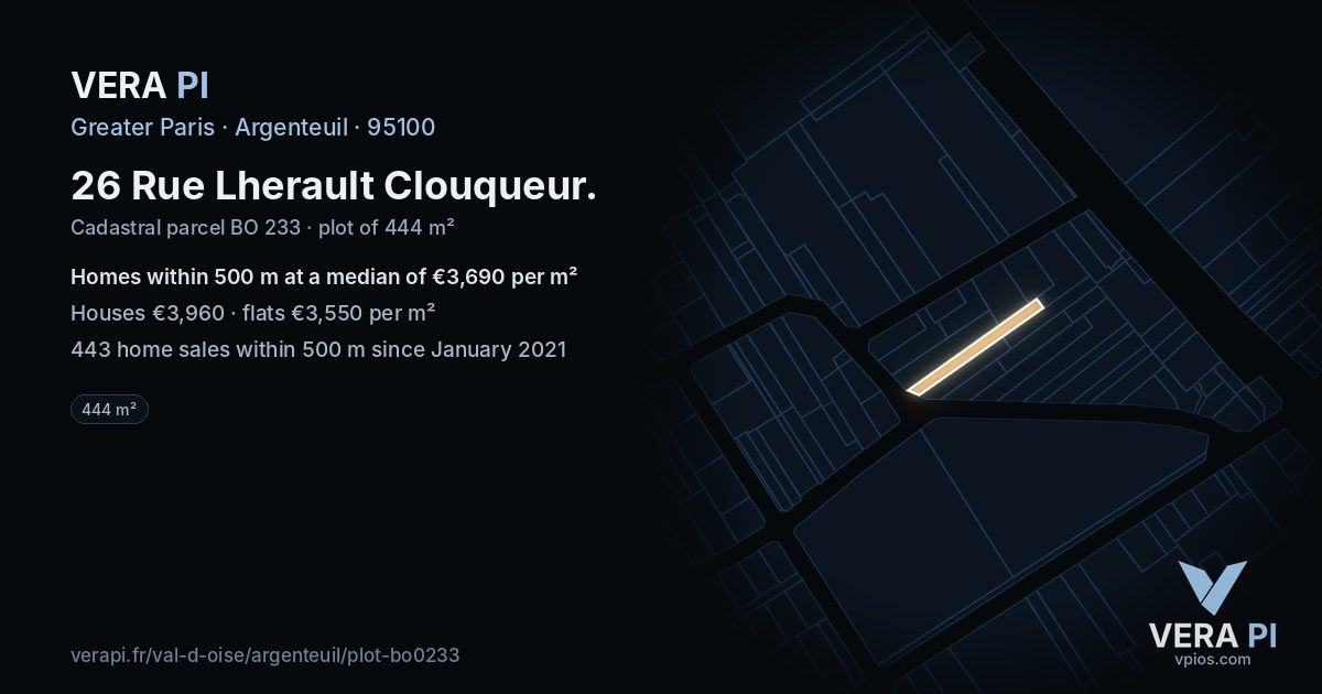 26 Rue Lherault Clouqueur, Argenteuil at night – the plot lit, the parcels around coloured by the prices near them