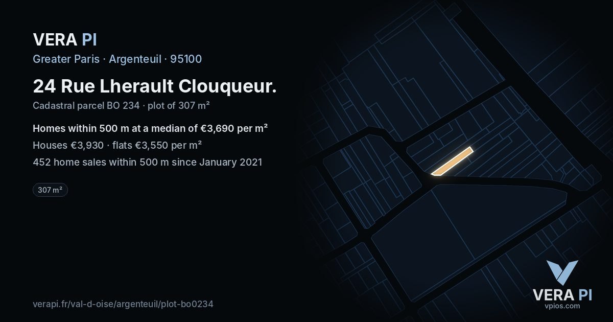 24 Rue Lherault Clouqueur, Argenteuil at night – the plot lit, the parcels around coloured by the prices near them
