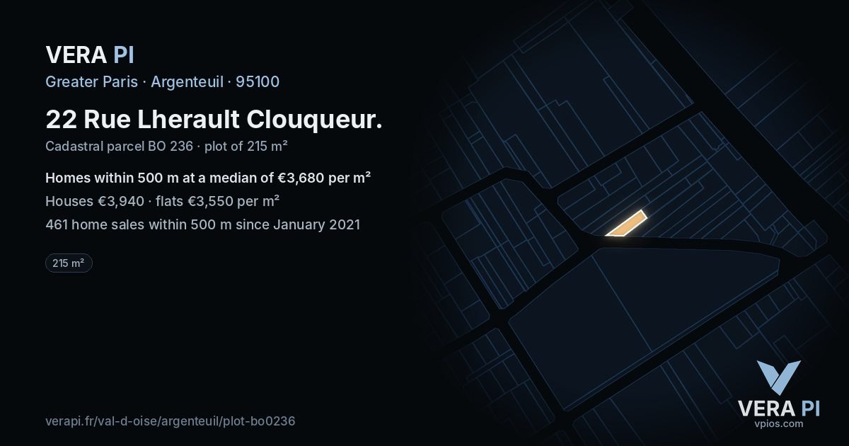 22 Rue Lherault Clouqueur, Argenteuil at night – the plot lit, the parcels around coloured by the prices near them