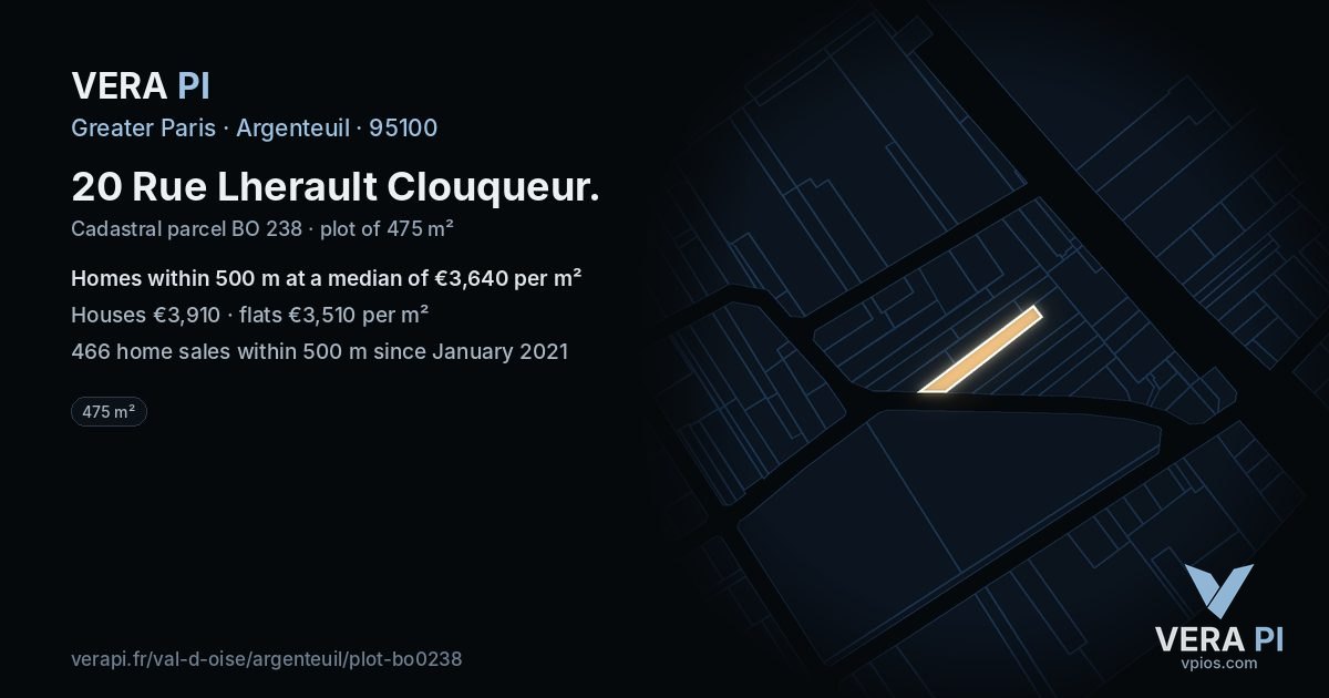 20 Rue Lherault Clouqueur, Argenteuil at night – the plot lit, the parcels around coloured by the prices near them