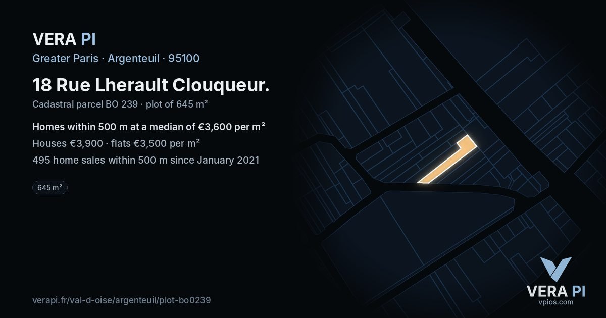 18 Rue Lherault Clouqueur, Argenteuil at night – the plot lit, the parcels around coloured by the prices near them
