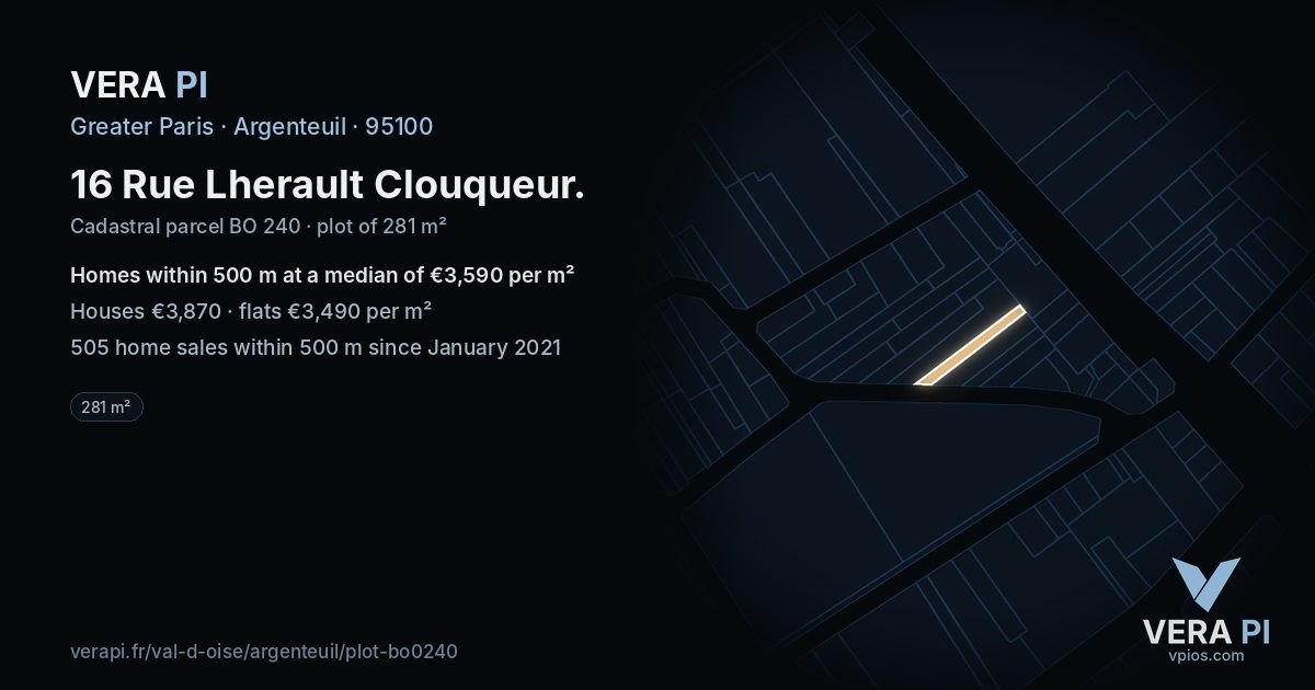 16 Rue Lherault Clouqueur, Argenteuil at night – the plot lit, the parcels around coloured by the prices near them