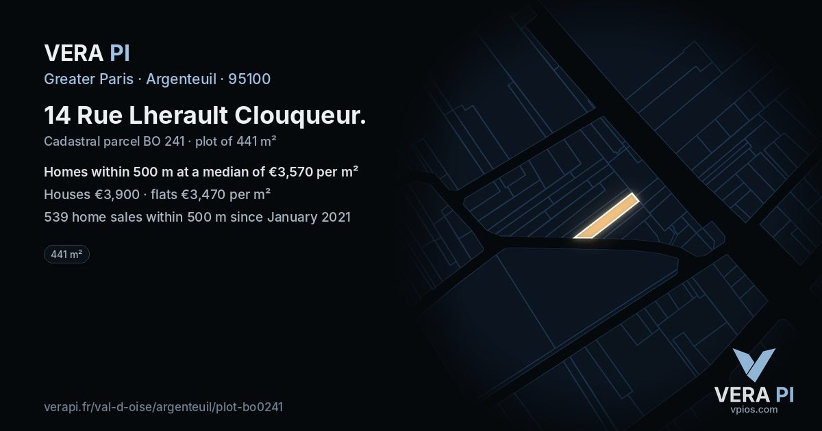 14 Rue Lherault Clouqueur, Argenteuil at night – the plot lit, the parcels around coloured by the prices near them