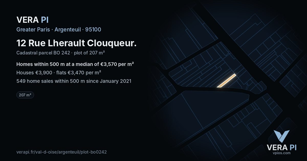 12 Rue Lherault Clouqueur, Argenteuil at night – the plot lit, the parcels around coloured by the prices near them