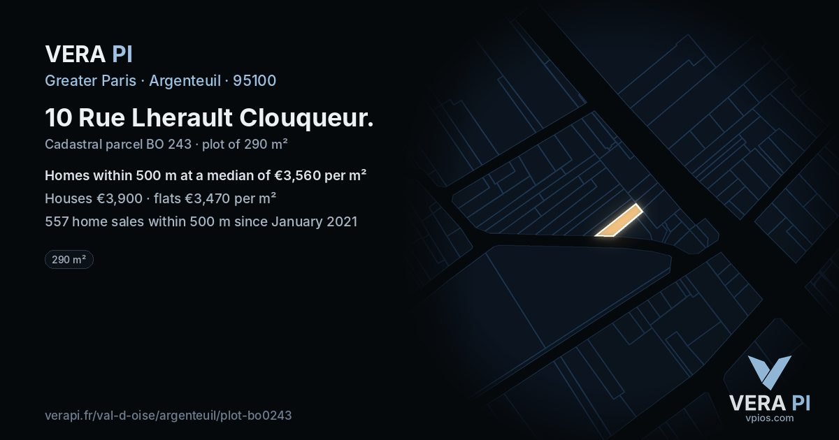 10 Rue Lherault Clouqueur, Argenteuil at night – the plot lit, the parcels around coloured by the prices near them