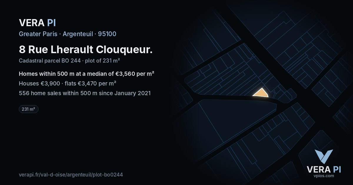 8 Rue Lherault Clouqueur, Argenteuil at night – the plot lit, the parcels around coloured by the prices near them