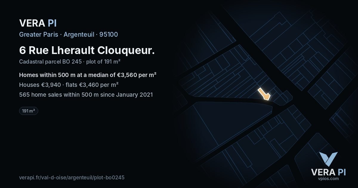 6 Rue Lherault Clouqueur, Argenteuil at night – the plot lit, the parcels around coloured by the prices near them