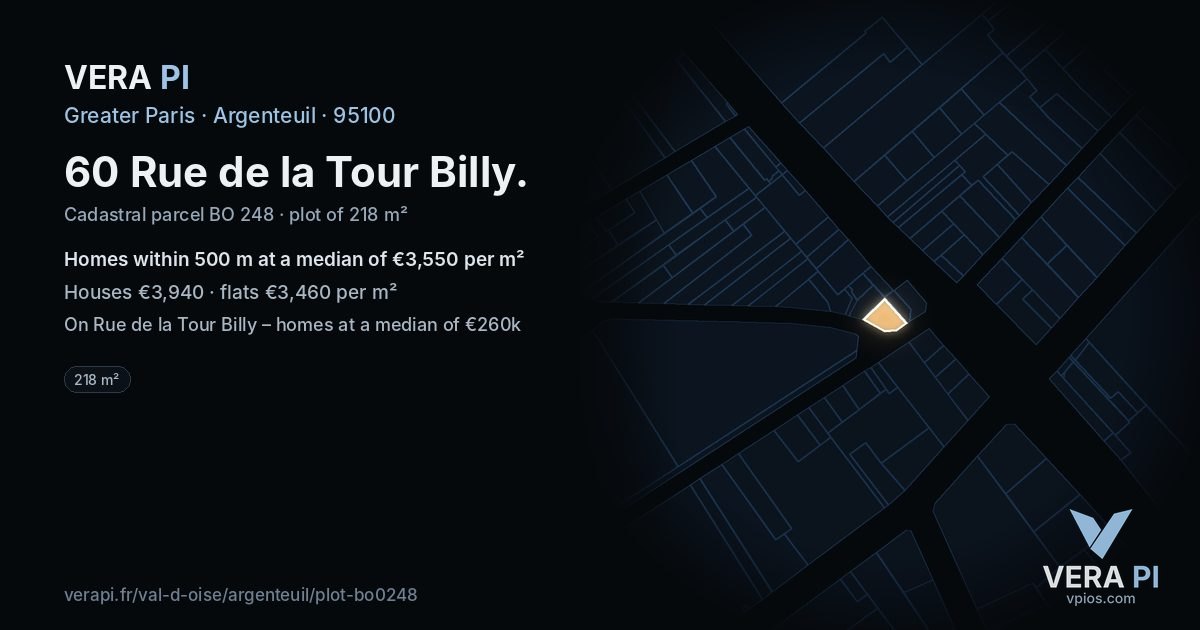 60 Rue de la Tour Billy, Argenteuil at night – the plot lit, the parcels around coloured by the prices near them
