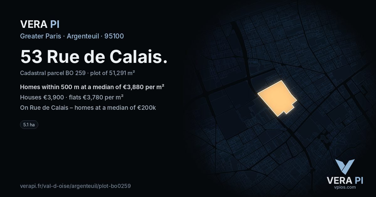 53 Rue de Calais, Argenteuil at night – the plot lit, the parcels around coloured by the prices near them