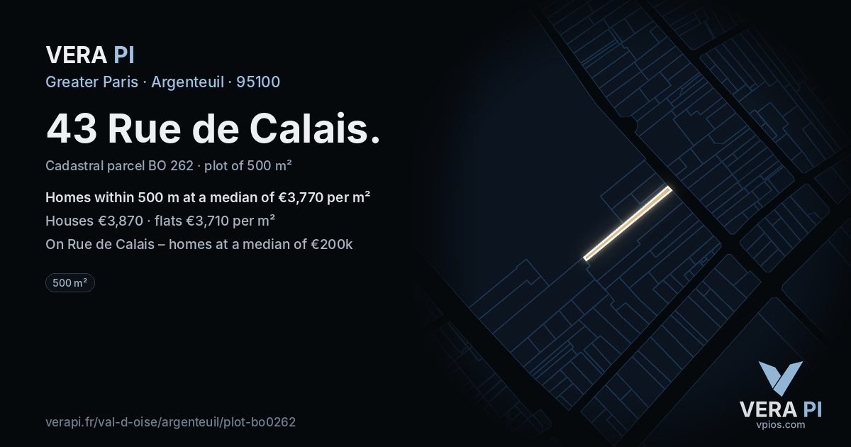43 Rue de Calais, Argenteuil at night – the plot lit, the parcels around coloured by the prices near them