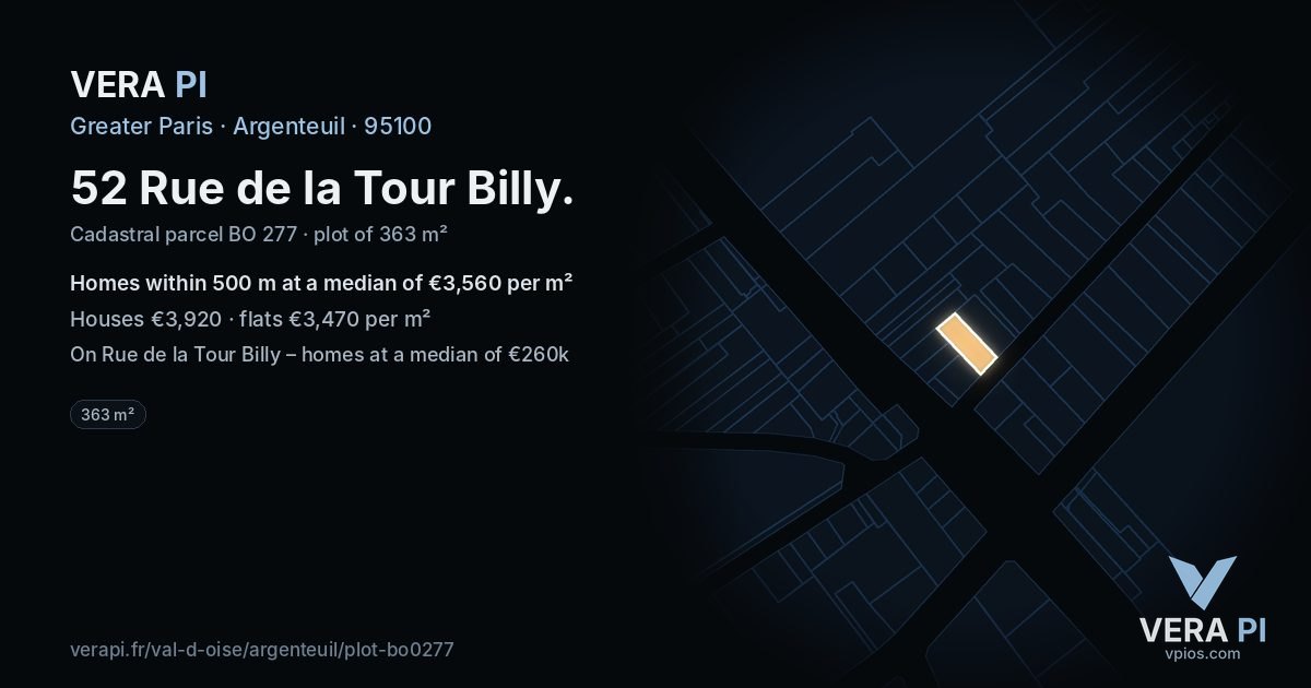 52 Rue de la Tour Billy, Argenteuil at night – the plot lit, the parcels around coloured by the prices near them