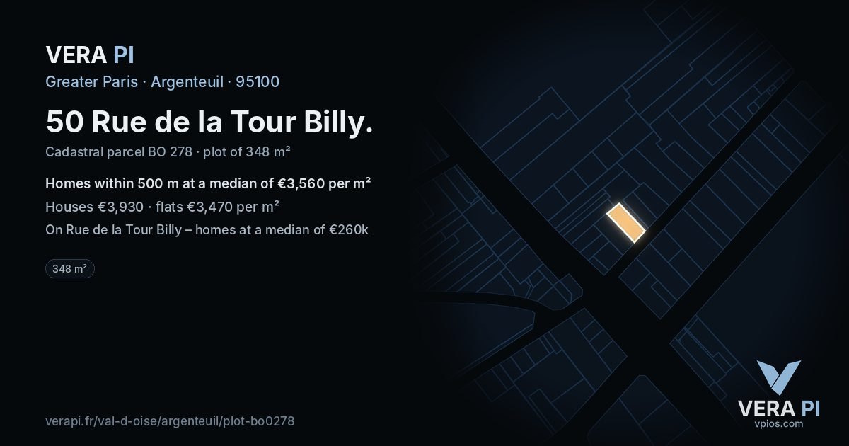 50 Rue de la Tour Billy, Argenteuil at night – the plot lit, the parcels around coloured by the prices near them