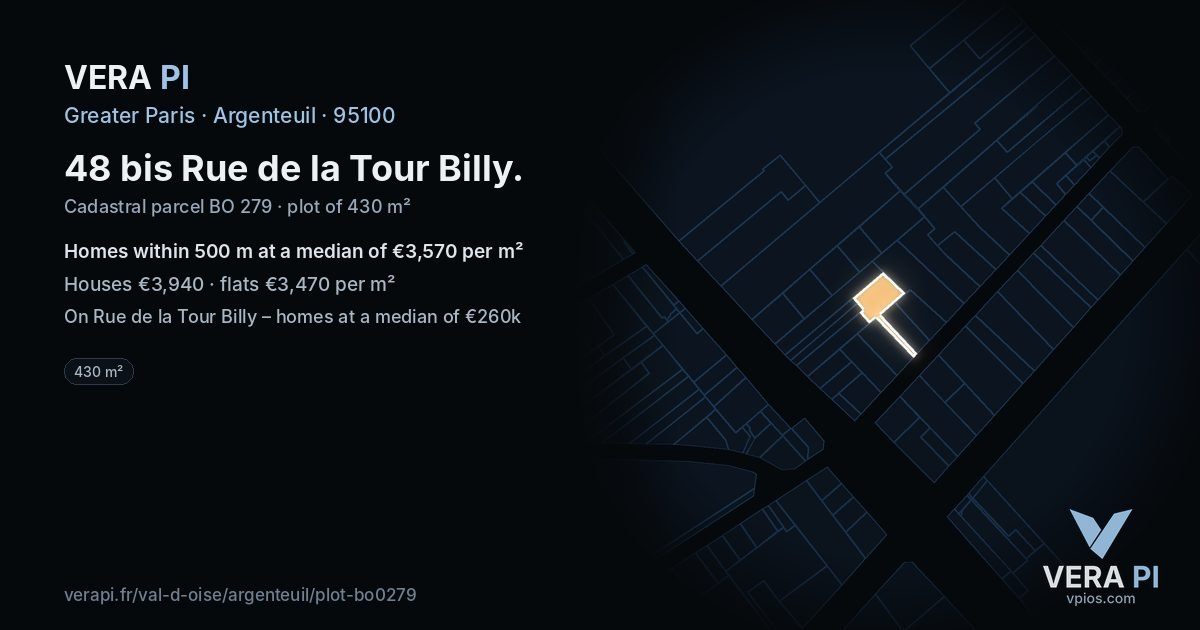 48 bis Rue de la Tour Billy, Argenteuil at night – the plot lit, the parcels around coloured by the prices near them