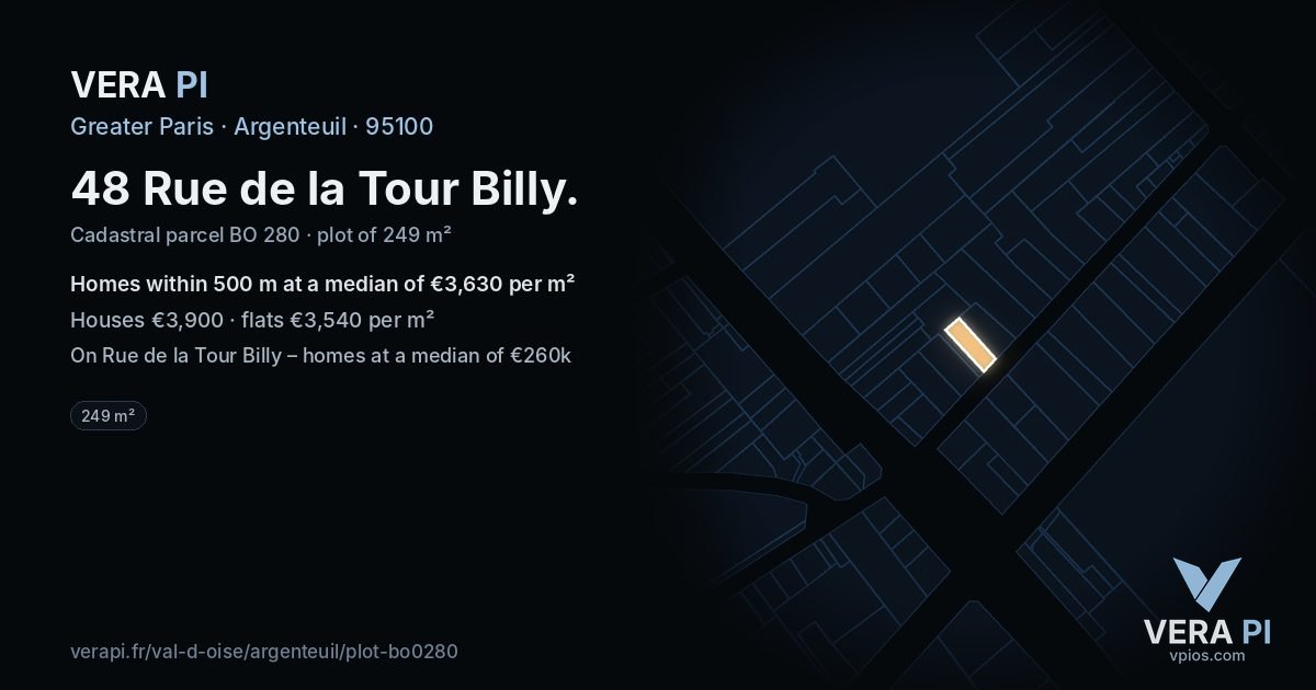 48 Rue de la Tour Billy, Argenteuil at night – the plot lit, the parcels around coloured by the prices near them