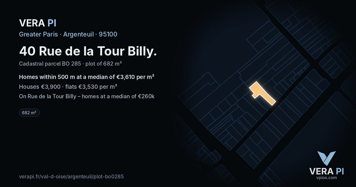 40 Rue de la Tour Billy, Argenteuil at night – the plot lit, the parcels around coloured by the prices near them