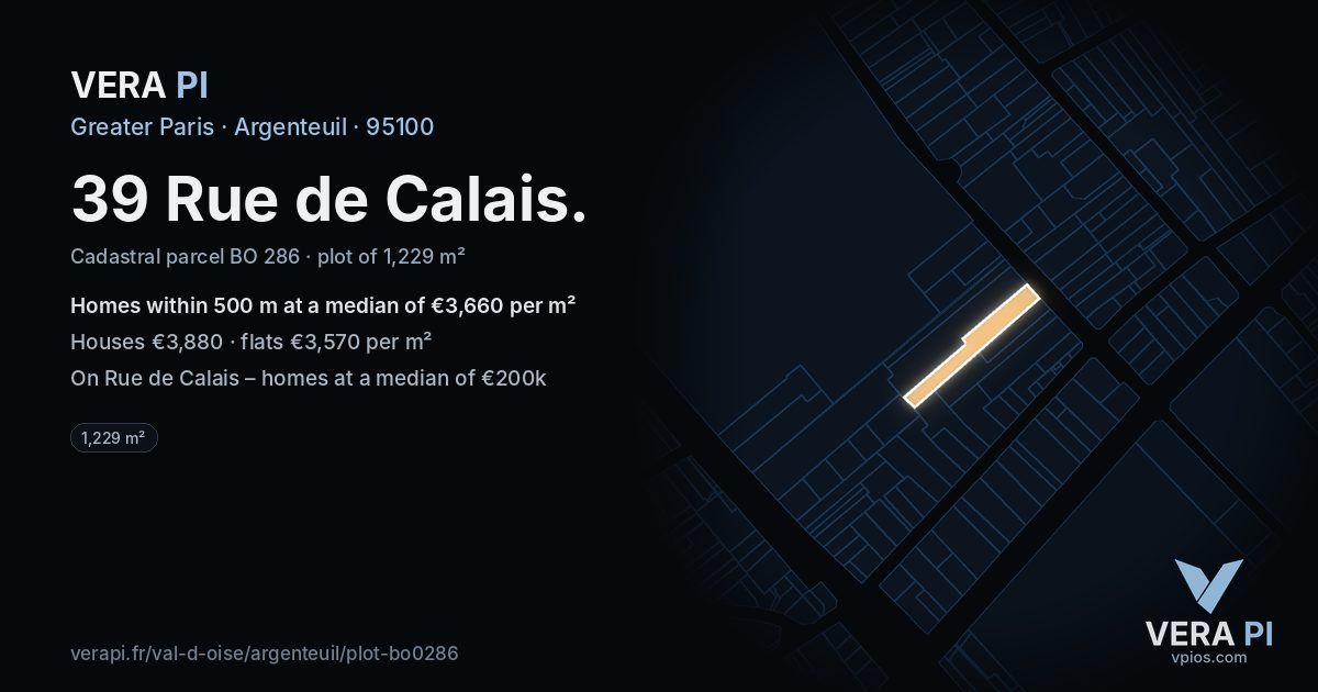 39 Rue de Calais, Argenteuil at night – the plot lit, the parcels around coloured by the prices near them