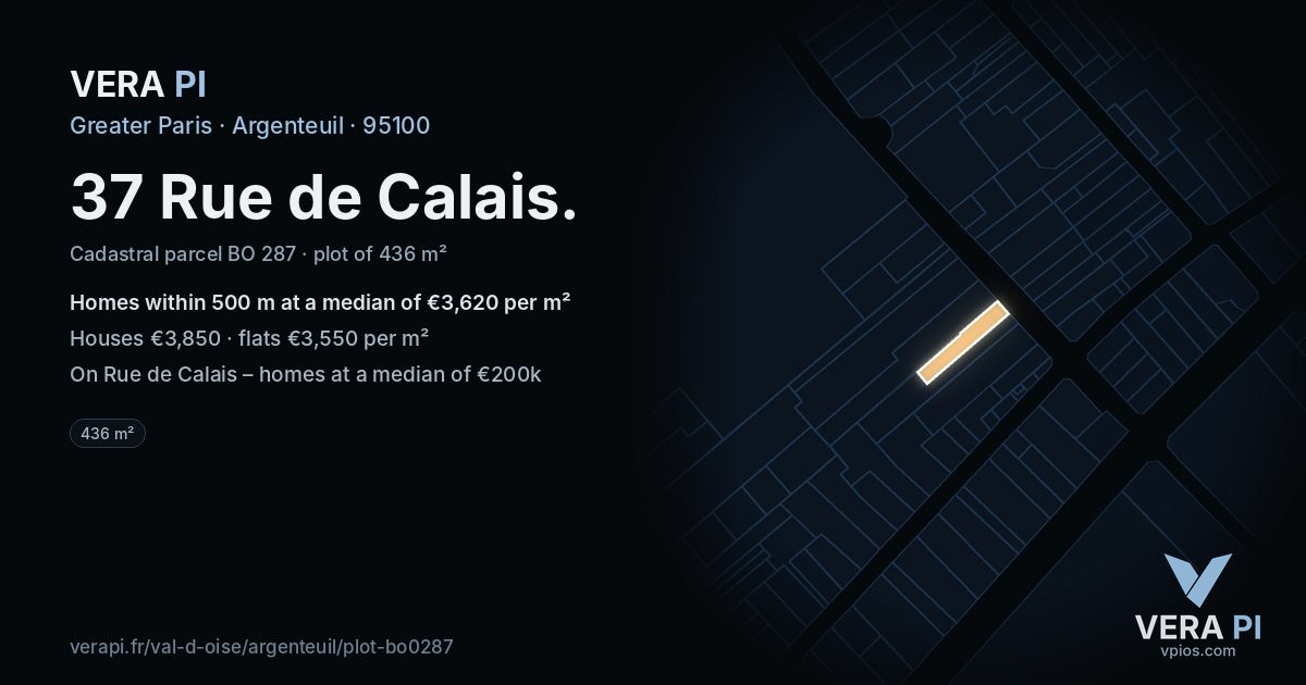 37 Rue de Calais, Argenteuil at night – the plot lit, the parcels around coloured by the prices near them