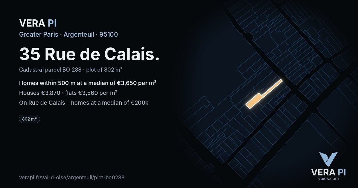 35 Rue de Calais, Argenteuil at night – the plot lit, the parcels around coloured by the prices near them