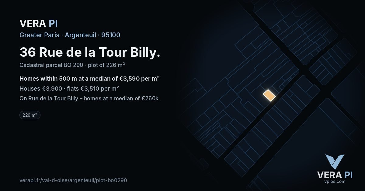 36 Rue de la Tour Billy, Argenteuil at night – the plot lit, the parcels around coloured by the prices near them