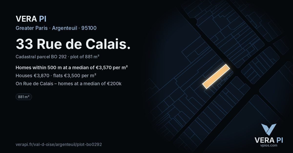 33 Rue de Calais, Argenteuil at night – the plot lit, the parcels around coloured by the prices near them