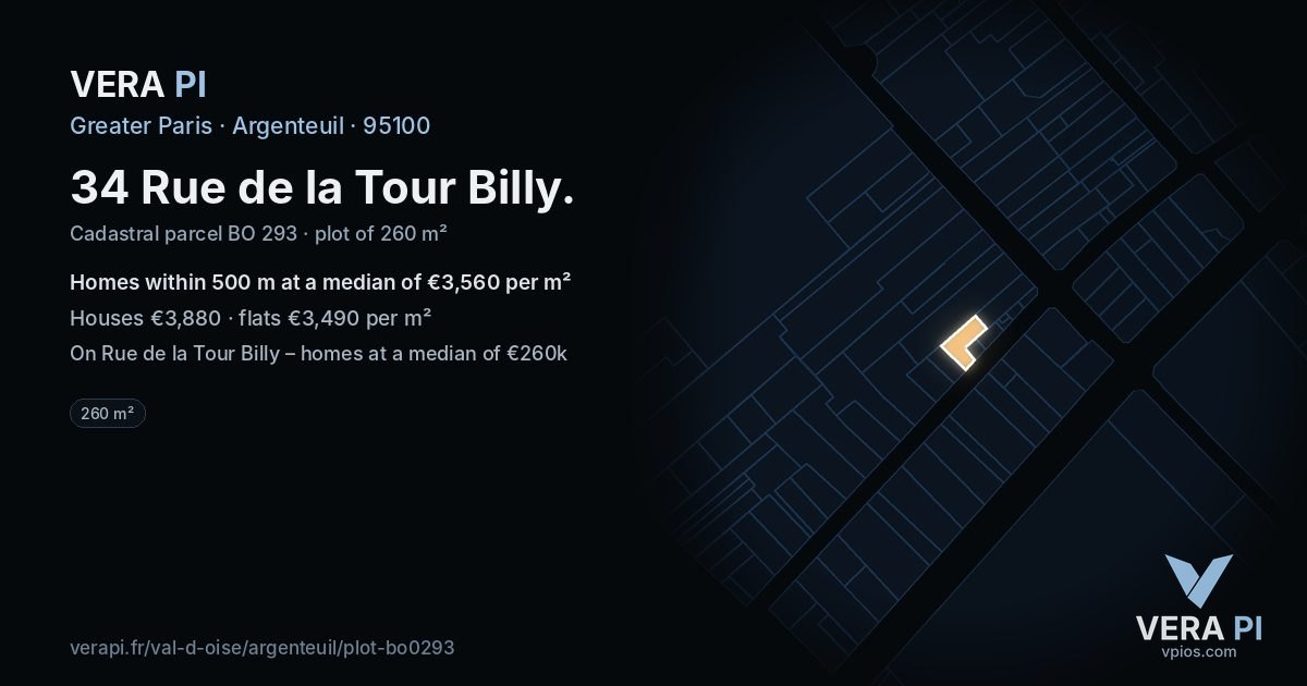 34 Rue de la Tour Billy, Argenteuil at night – the plot lit, the parcels around coloured by the prices near them
