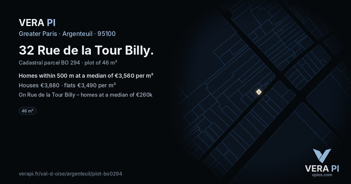 32 Rue de la Tour Billy, Argenteuil at night – the plot lit, the parcels around coloured by the prices near them