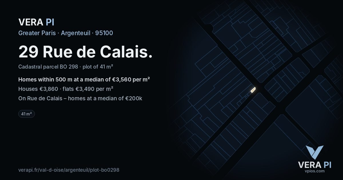 29 Rue de Calais, Argenteuil at night – the plot lit, the parcels around coloured by the prices near them