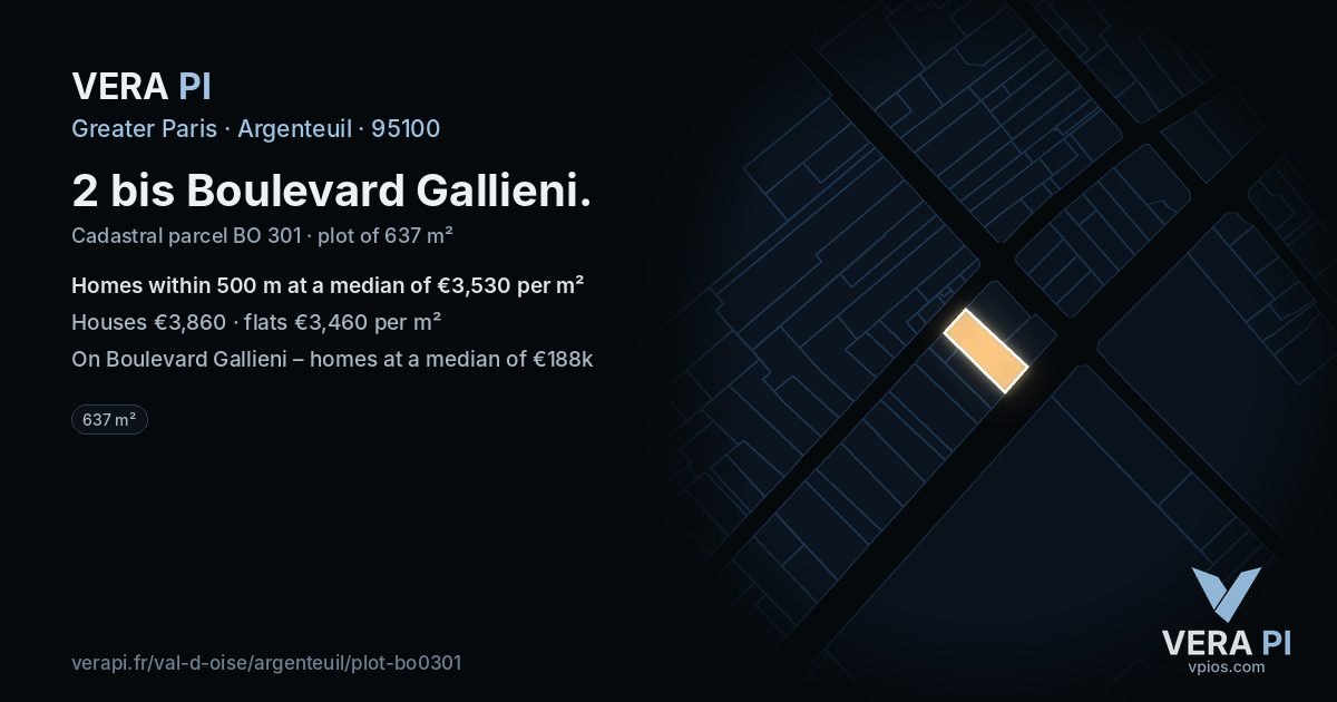 2 bis Boulevard Gallieni, Argenteuil at night – the plot lit, the parcels around coloured by the prices near them